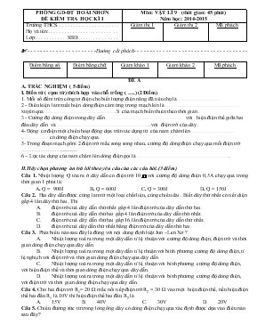Môn Vật lí 9 (thời gian 45 phút) năm học 2014-2015 đề kiểm tra học kì I